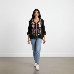 Caite Women's Florals Embroidered Black 3/4 Sleeves V-Neck Raw Edge Top Size XL